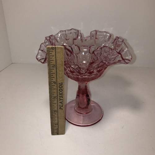 Vintage Fenton Glass Cranberry Ruffled Edge Thumbprint Candy Dish Compote Pink - Picture 11 of 13