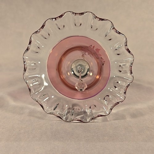 Vtg Cranberry Glass Bell Pink w clear handle & ruffled Edge 6.75" Floral gold - Picture 7 of 7