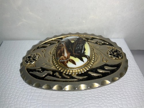 Fibbia cintura cowboy unisex anni 70 **due cavalli** tono argento e oro stile western - Foto 2 di 9