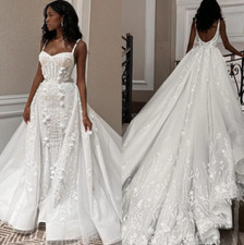 White Ivory Strapless Lace Mermaid Wedding Dress with Detachable Overskirt