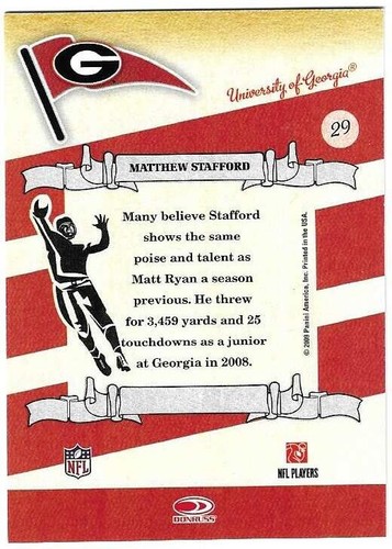 Matthew Stafford 2009 DONRUSS CLASSICS SCHOOL COLORS ROOKIE CARD #29 Lions Rams - Picture 2 of 2