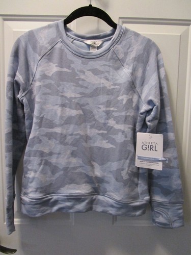 ATHLETA GIRL WARM UP PRINTED SWEATSHIRT IN HEATHER BLUE CAMO SIZE LARGE/ 12 - Picture 1 of 5