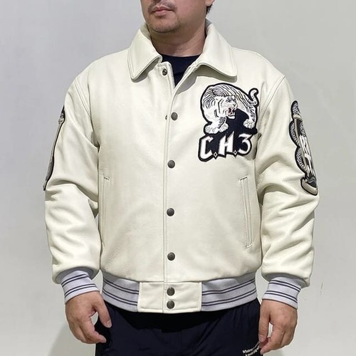 NEW Men's Wildcat Embroidered Tiger Sheepskin Genuine Leather Jacket - Picture 8 of 12