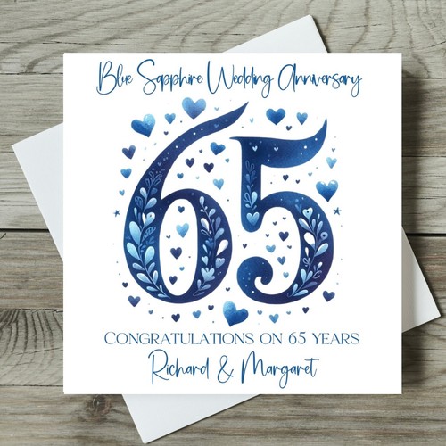 PERSONALISED BLUE SAPPHIRE WEDDING ANNIVERSARY CARDS 65 Years 65th anniversary - Picture 2 of 2