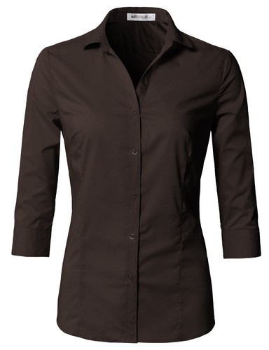Womens Button Down Shirt Basic SLIM FIT Simple 3/4 Sleeve Collared V-NECK 069 - Picture 25 of 91