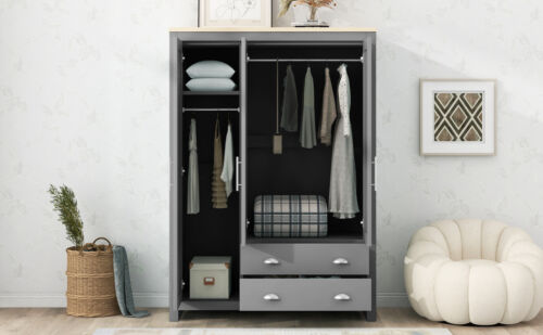 Three Door Storage Wardrobe with Cabinets and Two Hanging Rods,Gray - Picture 4 of 12