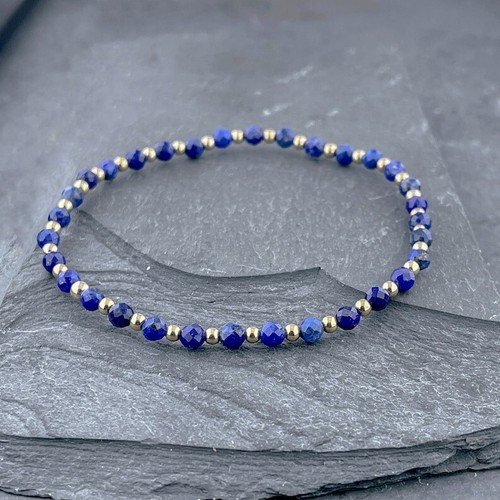Lapis Lazuli Faceted Round Silver Filled Beads Stretchable Bracelet 6-9" Woman - Picture 1 of 8