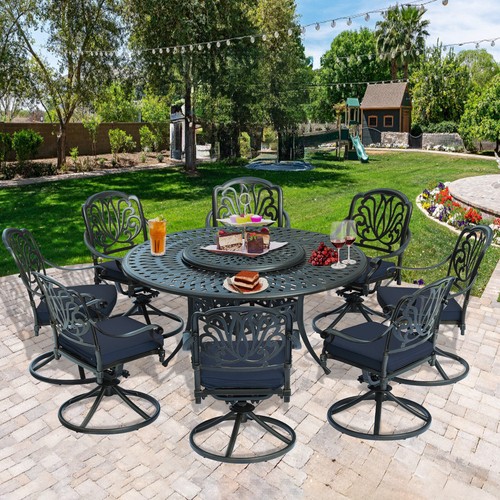 9-Pcs Outdoor Dining Furniture Set w/ Swivel Chairs, Patio Table & Lazy Susan - Picture 3 of 32