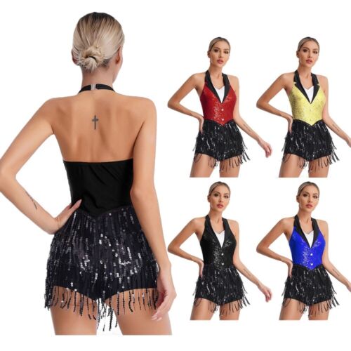 Womens Dancewear Samba Jumpsuit Fringe Leotard Tassel Dresses Sleeveless Tango - Picture 4 of 42