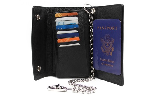 Black Real Leather Wallet RFID Blocking Wallet for Men Trifold Wallet with Chain - Picture 5 of 7