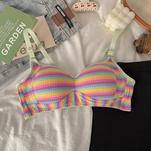 Sexy Bra for Women Girl Tops Rainbow Striped Seamless Bra No Steel Ring Bralette - Picture 13 of 23