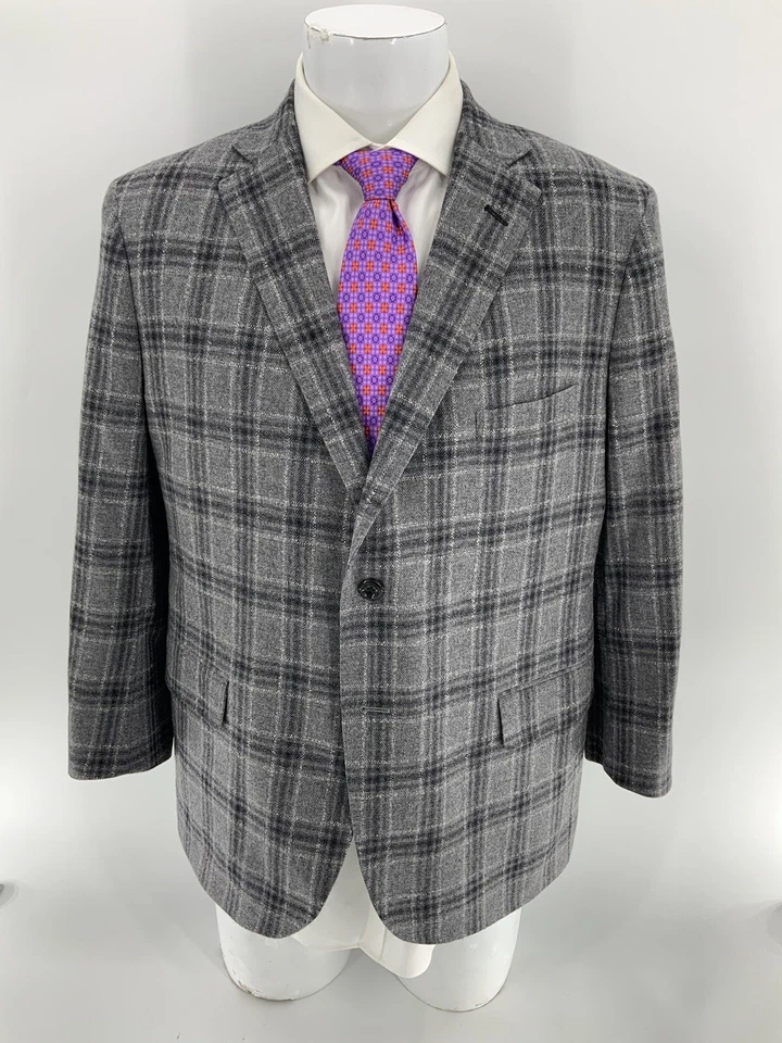 Blazer Holland & Sherry 44S cinza xadrez lã cashmere punhos func 2B 2V YGI R4-73 - Imagem 2 de 4