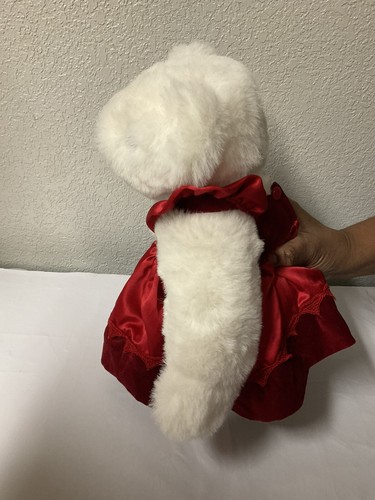 White Vermont Girl Teddy Bear With Velvet & Satin Burgundy Dress - Picture 4 of 9
