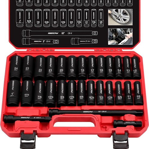 29-Piece 1/2" Drive Impact Socket Set, SAE and Metric Deep Sockets with Socket - Picture 9 of 10