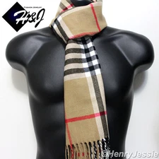 Men's Women's Camel Beige Black Red Stripe Plaid Cashmere Feel Scarf*100%Acrylic