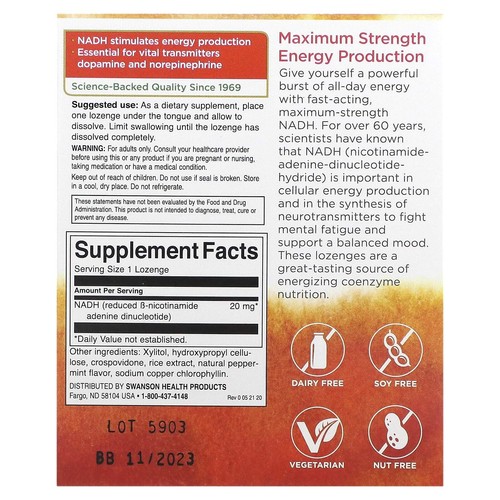 2 X Swanson, NADH, Maximum Strength, 20 mg, 30 Lozenges - Picture 2 of 2