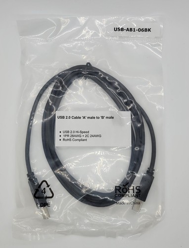 NEW/SEALED - USB Printer Cable 6 Feet - USB 2.0 A Male to B Male - Black - Picture 7 of 7