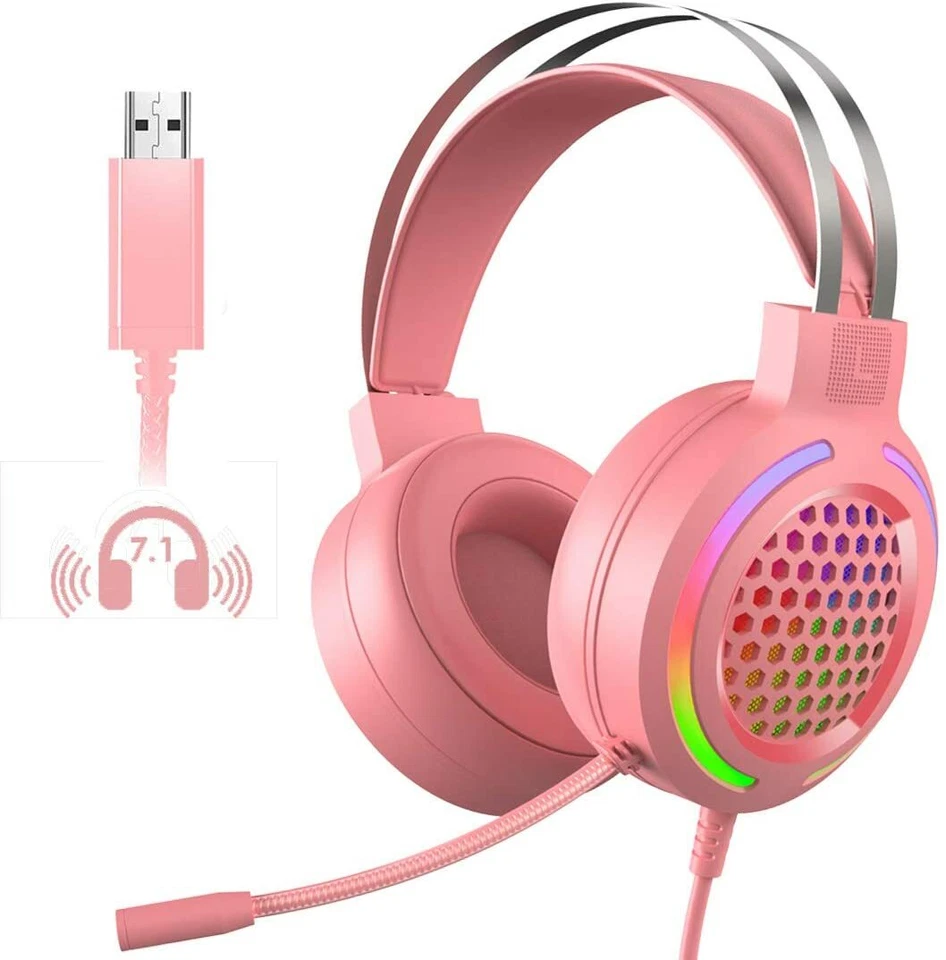 Pink USB Gaming Headset With Mic 7.1-Channel Stereo Surround for Games and Music - Image 2 of 4