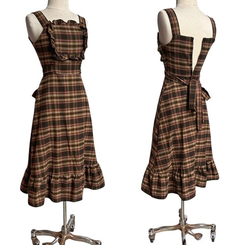 70s vintage plaid wool prairie dress ruffle cottage western sleeveless flare. - Picture 4 of 15