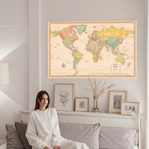 100×70cm World Map Poster Map of The World Prinet Classic Tone Wall Decoration - Picture 9 of 10