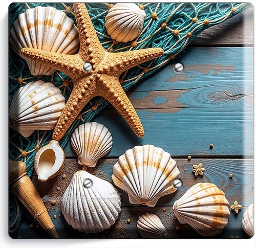 RUSTIC WOOD SEASHELLS STARFISH FISHING NET LIGHT SWITCH OUTLET OCEAN WALL PLATES - Picture 10 of 34