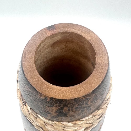 Mango Wood Vase Hand Carved Floral Pattern Jute Inset Jamaica 12” Rustic Boho - Picture 15 of 19