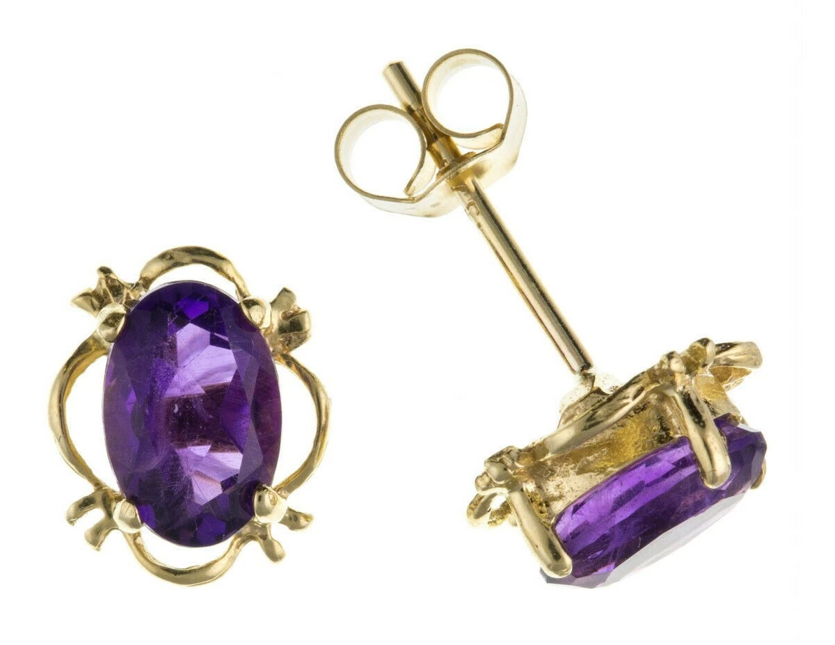 9ct Gold Amethyst Stud Earrings Yellow Gold Oval Studs February Birthstone