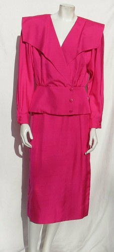 Vintage 80er JOANIE CHAR Hot Pink 100 % Seide Jacke + Rock Anzug Set US XS 2 4 (Etikett 6) - Bild 1 von 7