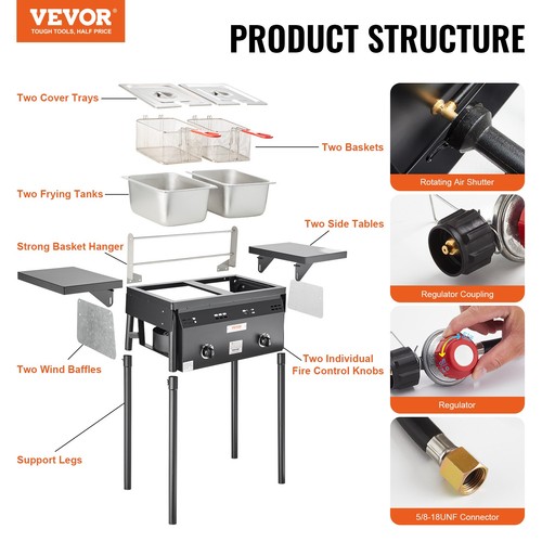 VEVOR 16 Qt Double Burner Outdoor Propane Deep Fryer Steel Cooker Dual Baskets - Picture 7 of 12