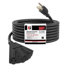 50 Ft Outdoor Extension Cord with 3 Electrical Power Outlets - 16/3 SJTW Blac...