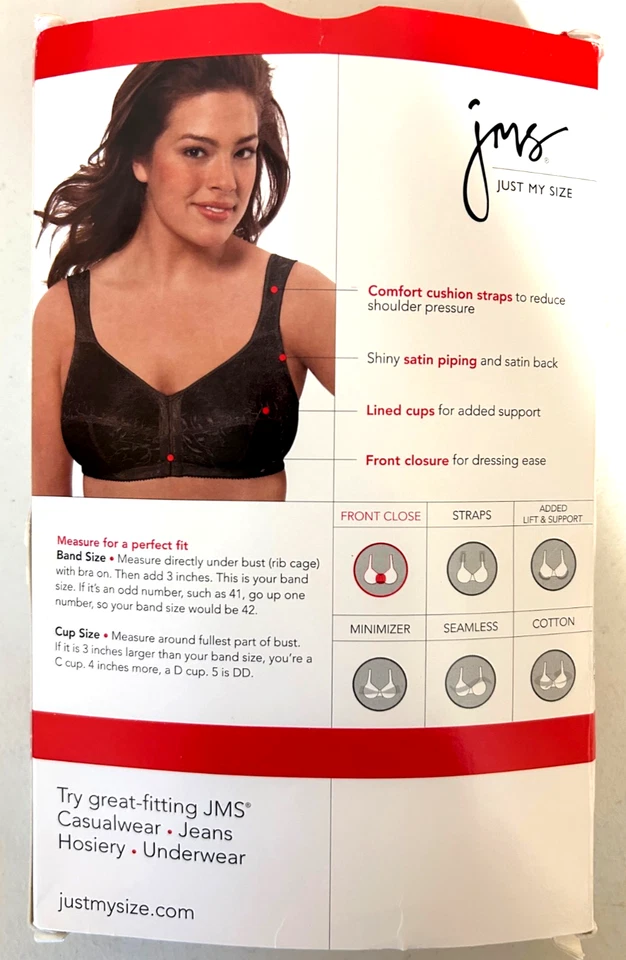 NEW 1107 Wireless Bra Just My Size Front Close Cushion Straps Black 44D - Image 2 of 2