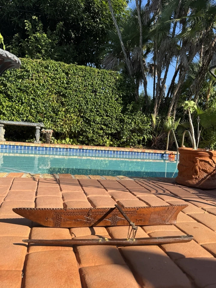 WW2 1943 Wood Carved Trench Art Forget Me Not Trench - 26” Polynesian Outrigger - Image 2 of 4