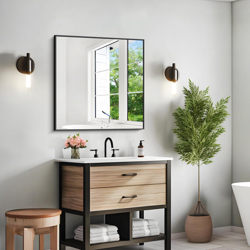 Bathroom Mirror,30X30 Square Black Mirror with Aluminum Metal Frame,Black Vanity - Picture 6 of 9