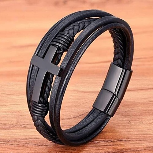 Men's Cross Braided Bracelet Leather Cuff Bracelet Bangle Magnetic Clasp Cross - Picture 2 of 4