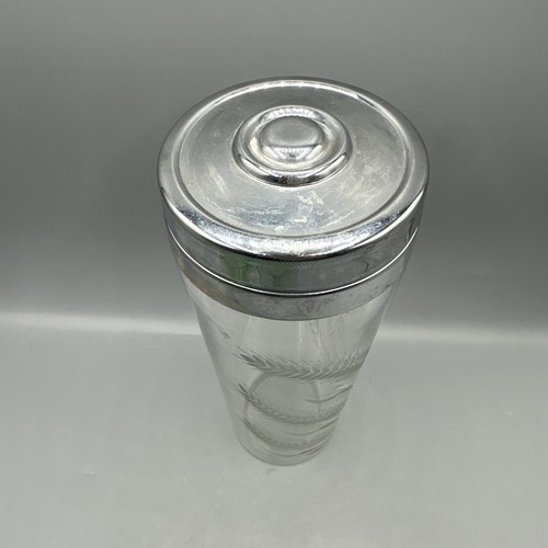 Vintage Cocktail Shaker Etched Wheat Design Chrome Lid Mid Century Barware 9.5" - Picture 6 of 10