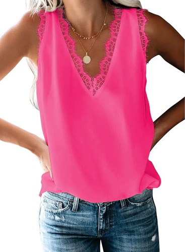 Women Lace Trim Tank Tops Summer V Neck Fashion Sleeveless Blouse Business Ca...