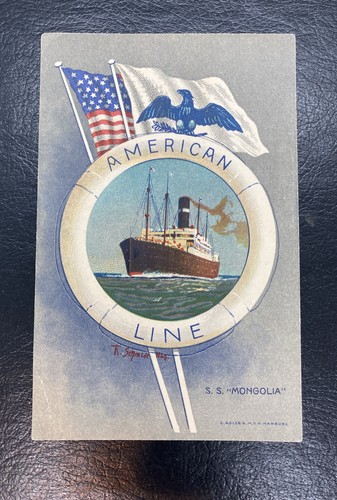 AMERICAN LINE SHIP AT SEA ~ FLAGGEN, KÜNSTLERBILD ~ beschädigt wie besehen