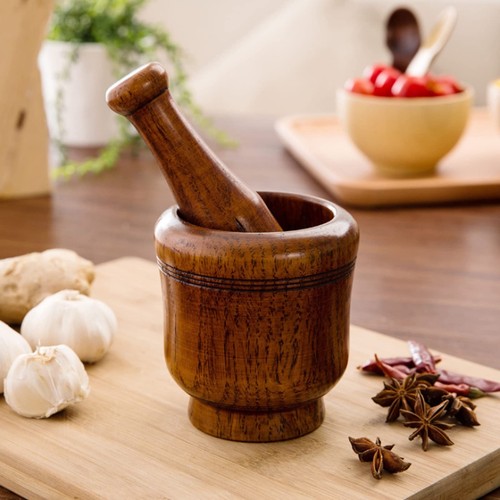 Mortar and Pestle Set, Wooden Spice Grinder Manual Garlic Masher Pepper Press... - Picture 6 of 8