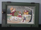 Cute Hand Painted Wooden Cupboard Door w/Skating Snow Family Towel/Key Hooks EUC