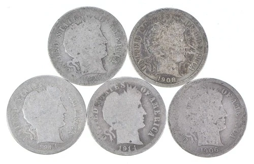 Better Lot 5 1905-S 1908-D 1914-S 1914-S 1906-S Barber Dime 0.50 Face *257
