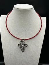 Barse Flower Show Memory Wire Necklace- Red Bamboo Coral- Silver Overlay- NWT