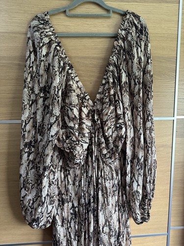 Mint Velvet Size 16 Cream Brown Snake Print Maxi Dress V Neck Puff Sleeve Bnwt - Picture 5 of 10