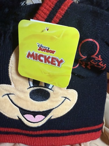 DISNEY Mickey Mouse Toddler Blk & Red Winter Hat With Tassel Ears & Mittens - Picture 2 of 7