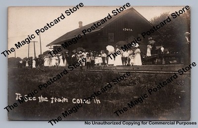 Crowded Depot ''See The Train Come In'' RPPC Keota Iowa Railroad Station Photo 10s
