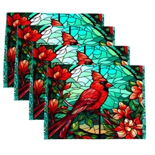 Red Cardinal Placemats Set 4 Fabric Bird Table Mats Botanical Dining Decor 12x16