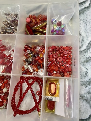 Large Bead Lot Mix For Jewelry In Box Reds Etc Stone Glass Vintage & New - Picture 10 of 24