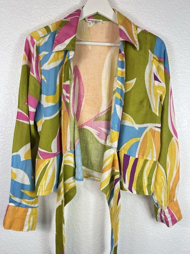 Christian Siriano Linen Blend Tie Front Long Sleeve Cropped Blouse SZ M Colorful - Picture 6 of 14