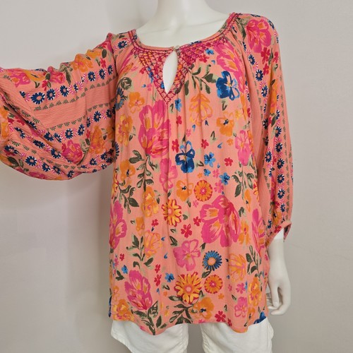 Monsoon XL Blouse Top Alina Floral Print Shirred Embroidered 3/4 Sleeve Bohemian - Picture 6 of 10