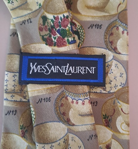 Yves Saint Laurent YSL Paris Silk Tie Vintage Novelty Teacup Print Designer - Picture 2 of 9