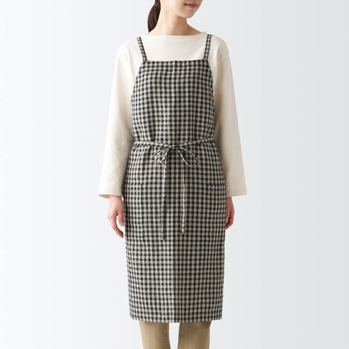 Delantal de café tejido liso de lino MUJI a cuadros de guinga tamaño libre 78 cm × 90 cm - Imagen 2 de 10